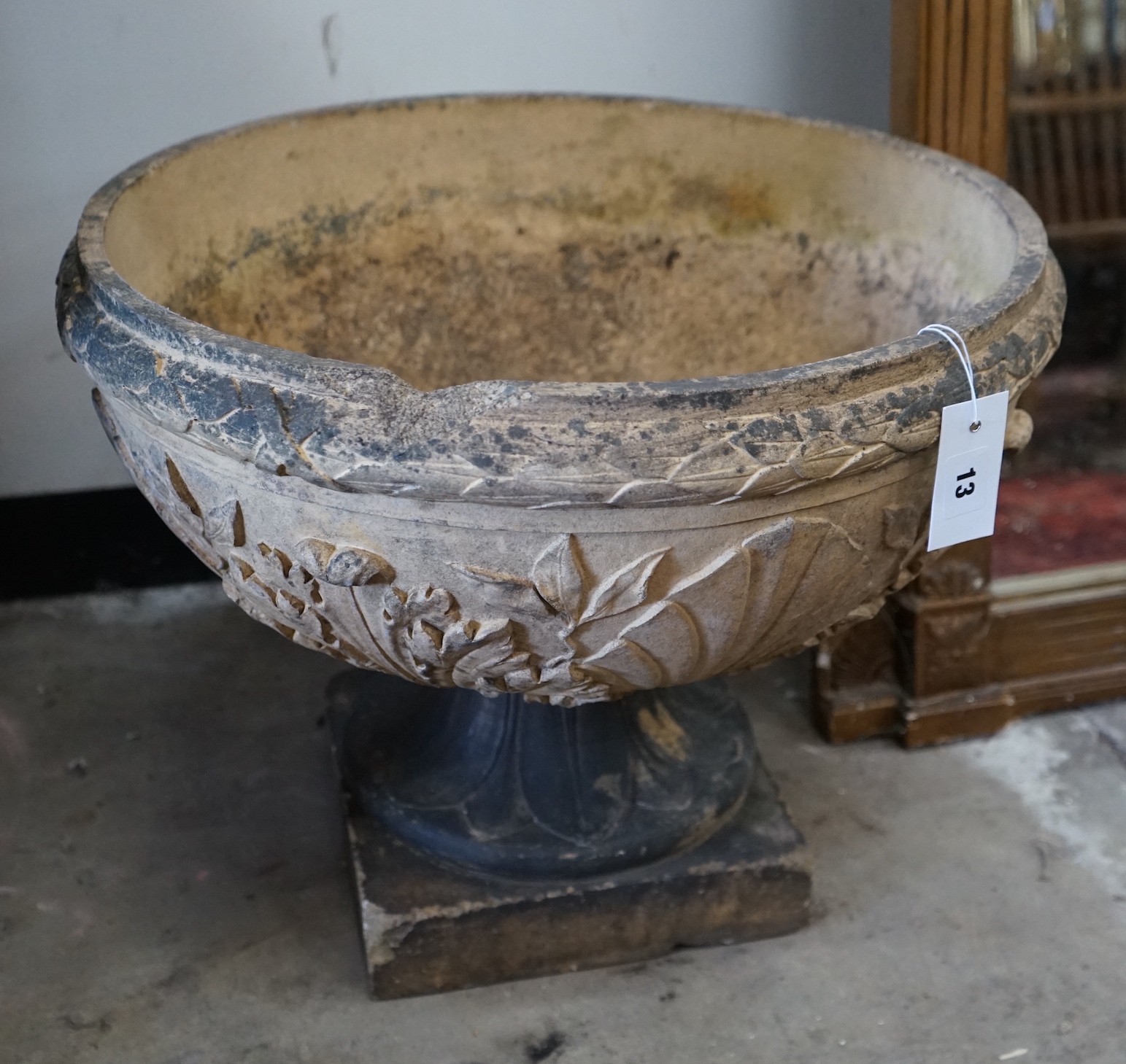 A J M Blashfield Coadestone circular garden urn with acanthus and shell moulded body, diameter 52cm, height 43cm